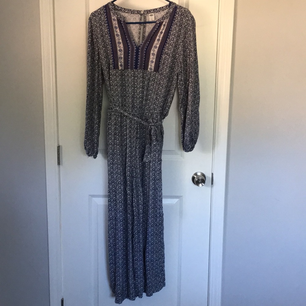 Keyhole back Santorini pattern longsleeve jumpsuit